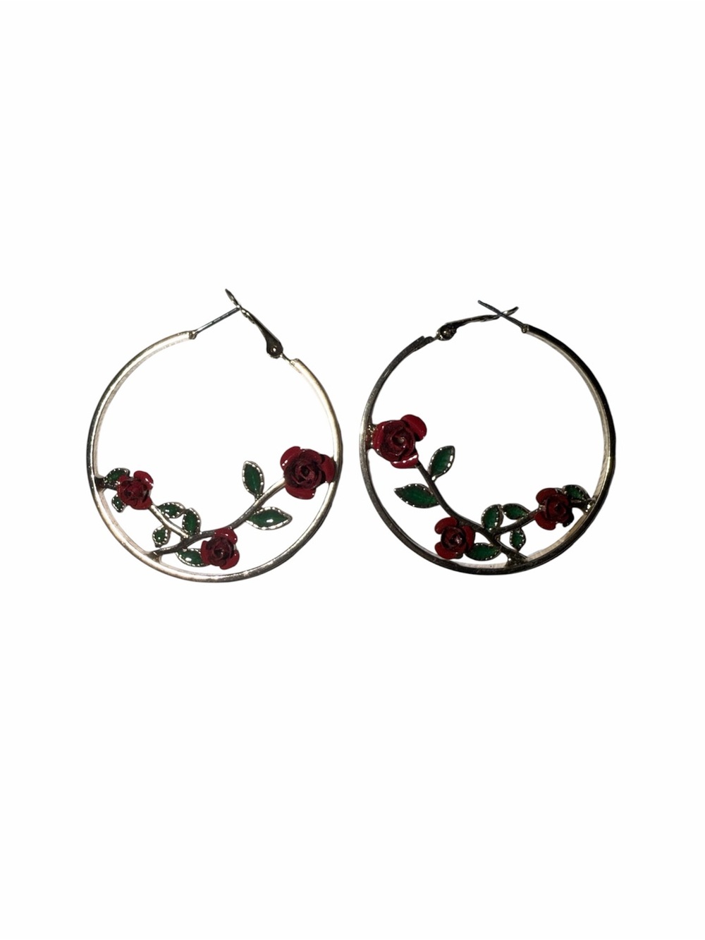 Gold Hoop Statement Earrings Red Rose Floral Boho Bold Romantic Jewelry - Picture 4 of 6